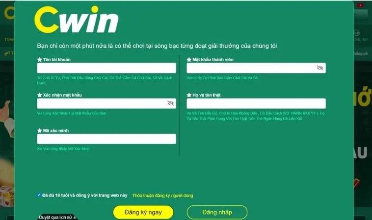 Hướng Dẫn Đăng Ký CWin Nhanh Chóng, Dễ Dàng 2 Giao diện đăng ký CWin