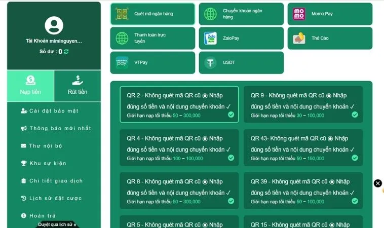 Hướng Dẫn Cách Nạp Tiền CWin Nhanh Chóng, An Toàn 2 Giao diện nạp tiền CWin